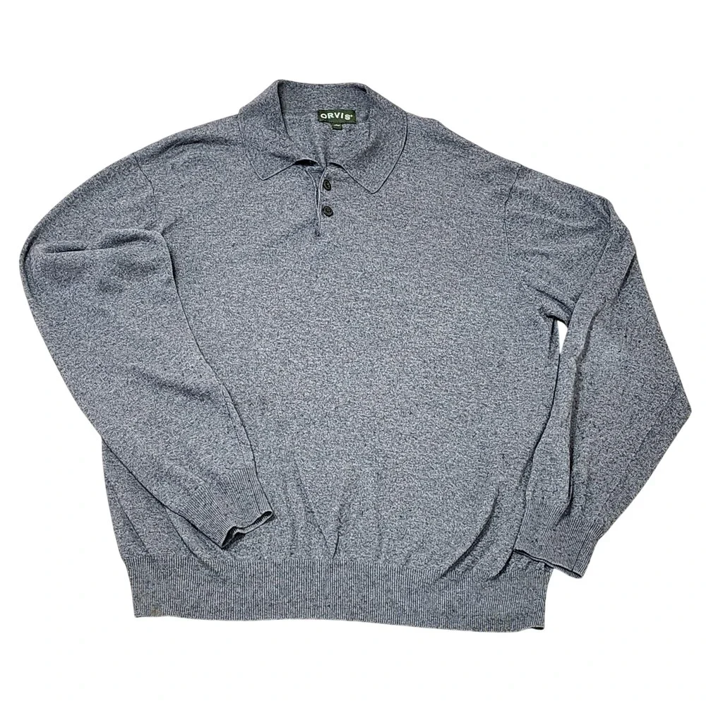 Orvis Sweater Mens Large Gray Cotton Silk Cashmere Collared Pullover Knit